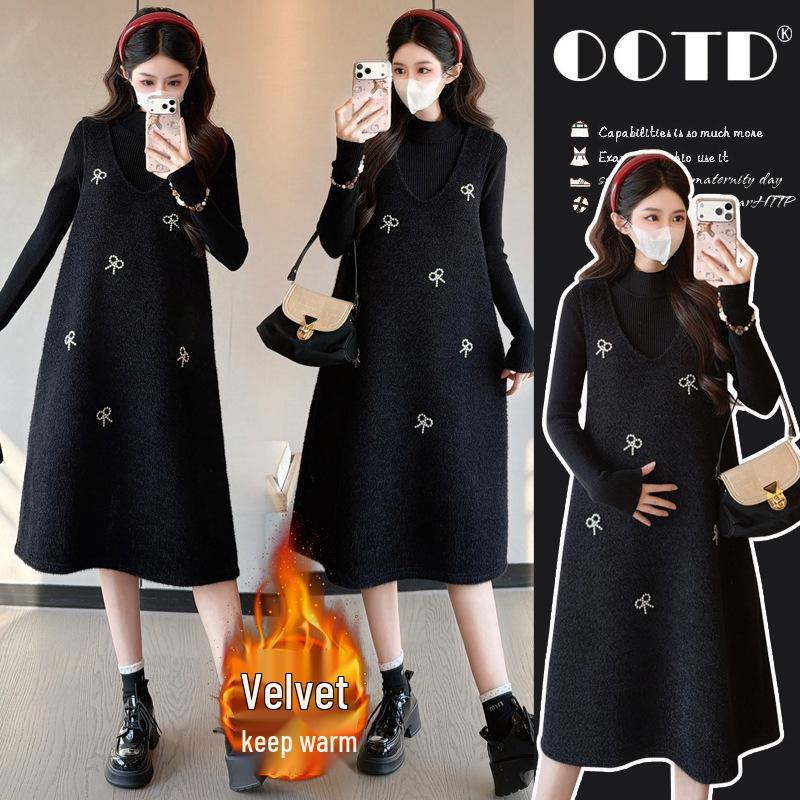 Winter Pearl Bow Maternity Slim-Fit Plus Size Velvet Dress XL