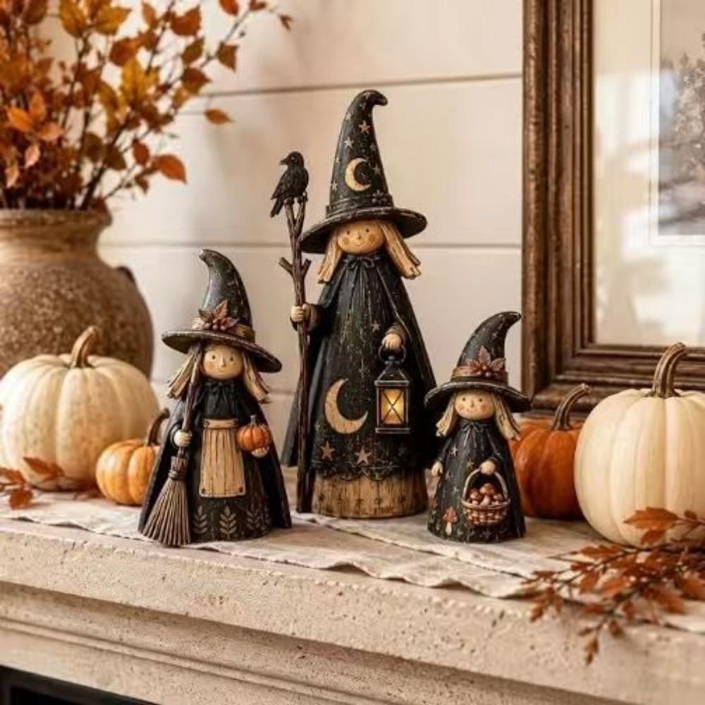 3pcs 2D Flat Crow Witch Statue Set Wooden Desktop Decoration Home Decoration