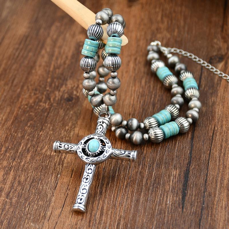 GemChic Women's New Vintage Turquoise Beads Alloy Cross Pendant Necklace Ethnic Chain Fashion Birthday Christmas Jewelry Gift