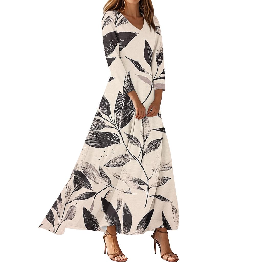 Women's Casual 3/4 Sleeve V-Neck Floral Print Maxi A-Line Beach Dress