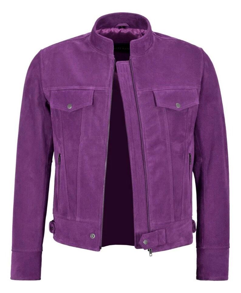

Purple Men Lambskin Handmade Stylish Leather Designer Biker Suede Party Wear Jacket 3XL