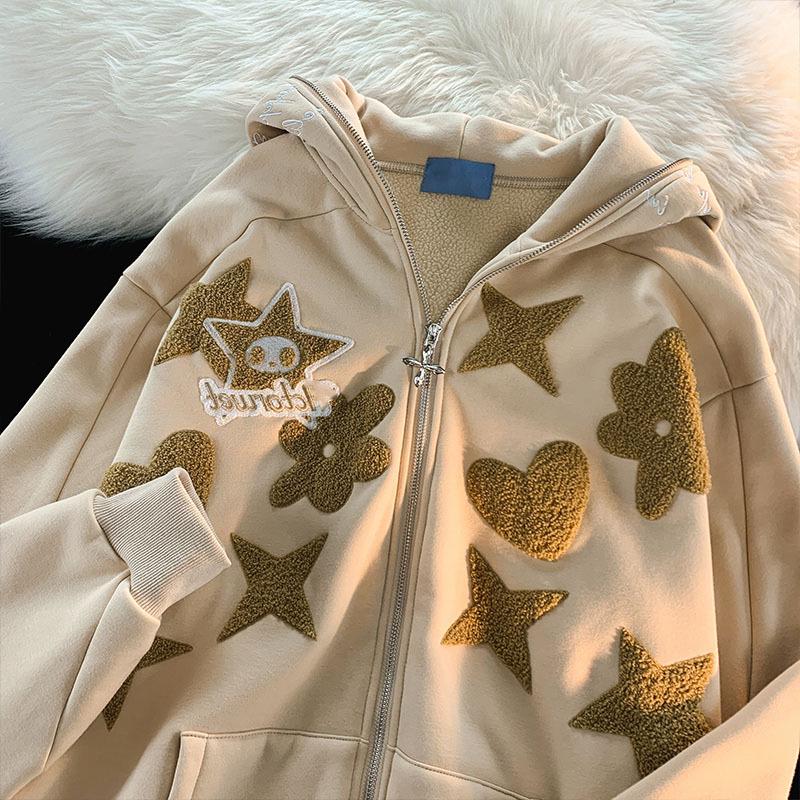 Retro Letter Embroidered Hooded Cardigan: Thick, Plus-Size Velvet Sweater for Couples