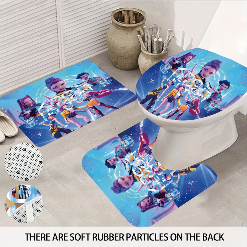 4 stk K-Pop Demon Hunters trykk baderomsett 180x180 vanntett dusjforheng 12 kroker gulvmatte, toalettsete, U-formet pute