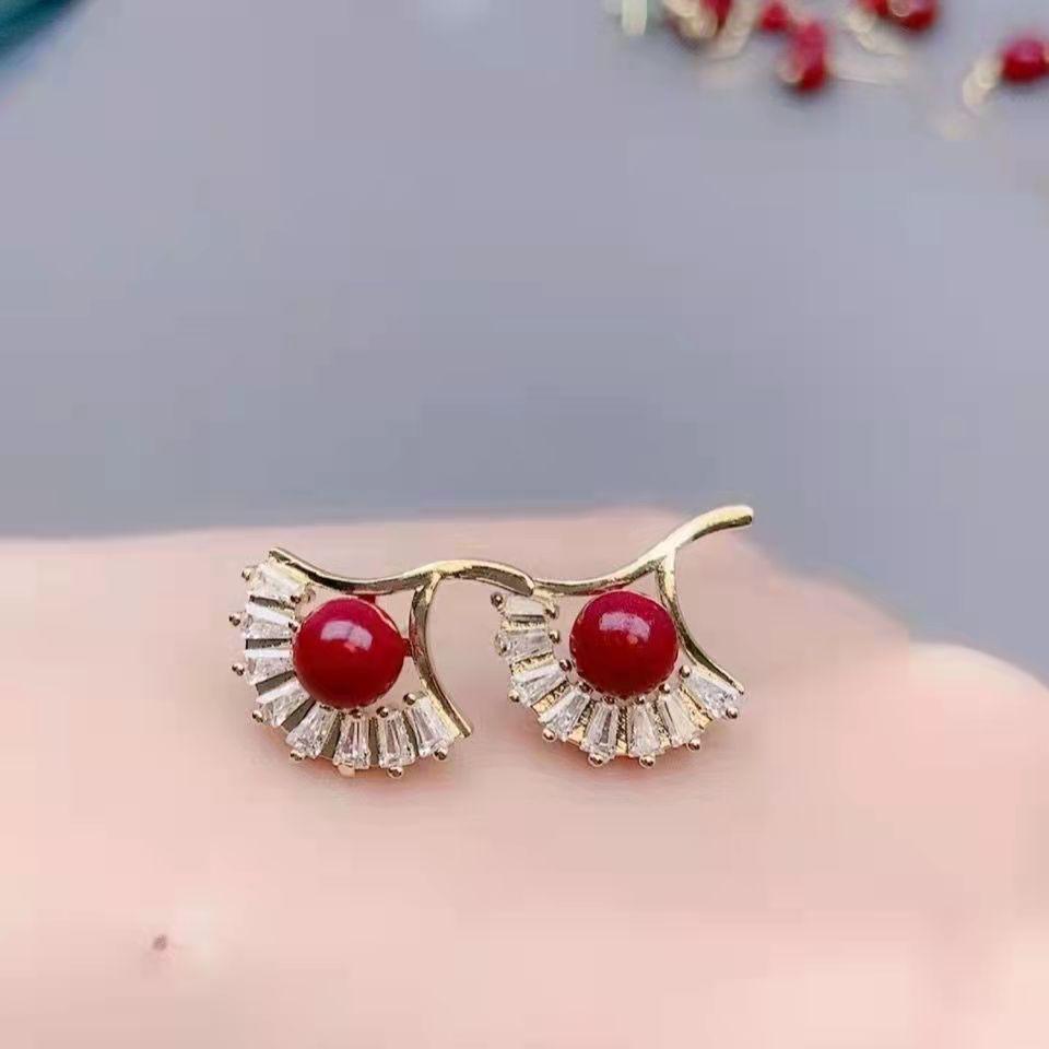 

Этнические серьги-пусеты из натуральной киновари - Пурпурный золотой песок, Универсальные женские украшения.