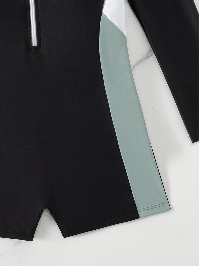 2026 European Slimming Color Block Long Sleeve Sun Protection One-Piece Swimsuit for Women
