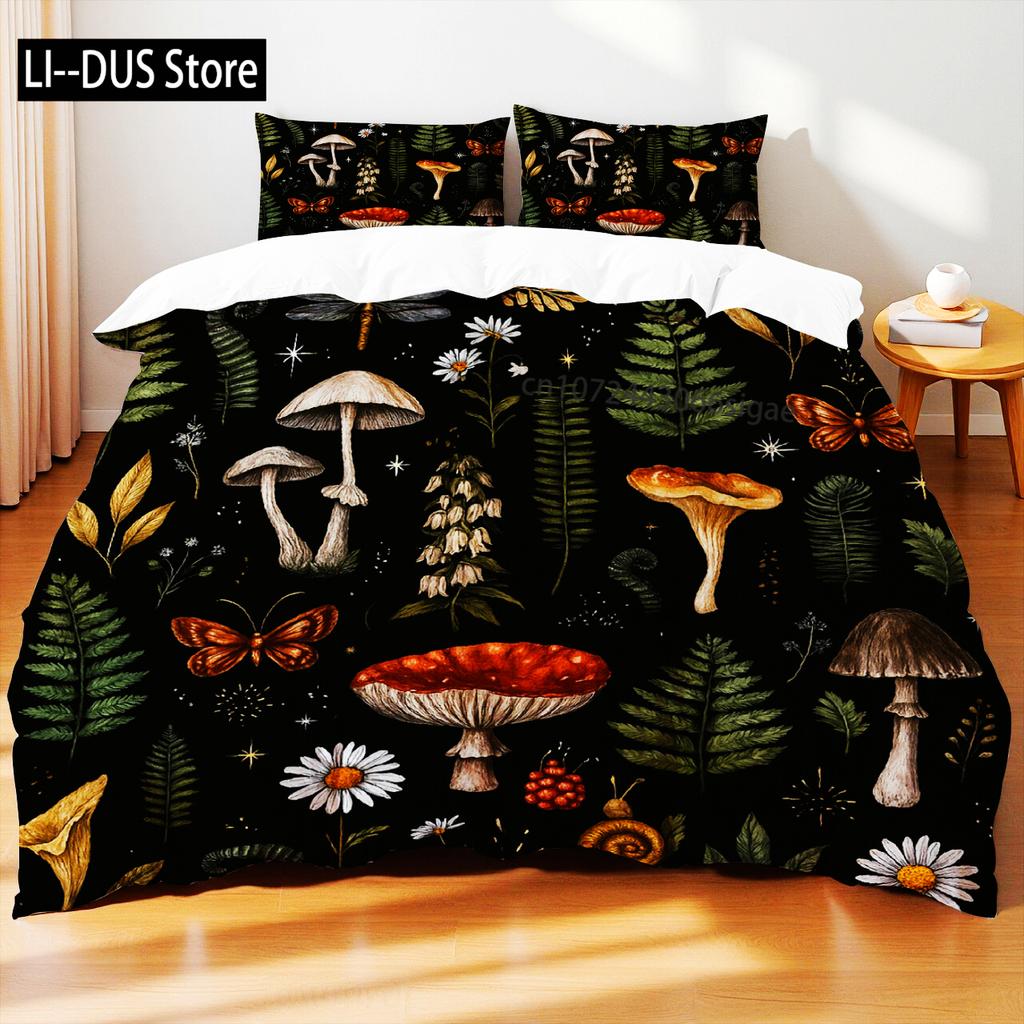 Ložní souprava s motivem hub Barevné houby Listy Motýli Přírodní styl Povlak na přikrývku velikosti Queen Prostěradlo Povlaky na polštáře Domácí textil
