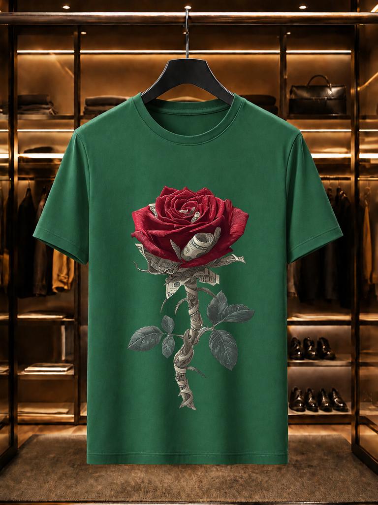 2026 New 100 Cotton Tshirt Realistic Red Rose Wrapped With Dollar Bills Print Luxury Casual Short Sleeve