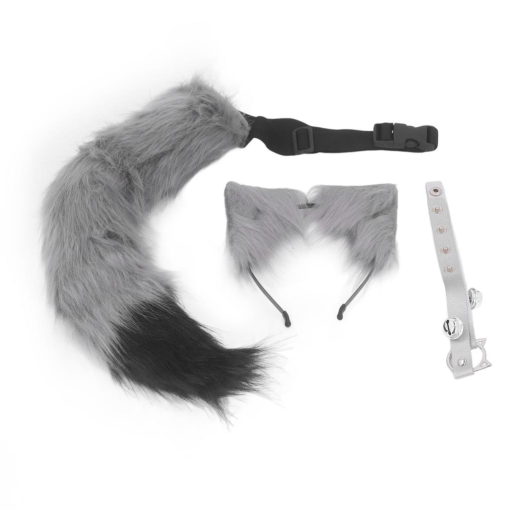 Cat Ears and Wolf Animal Tail Cosplay Costume Faux   Hair Clip Headdress Halloween Leather Neck Chocker Set Animal Cosplay Party Costume