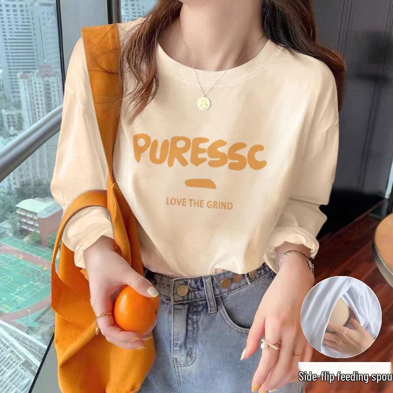 Pure Cotton Postpartum Nursing T-shirt: Loose, Skin-friendly, Slimming Long Sleeve for Early Spring M