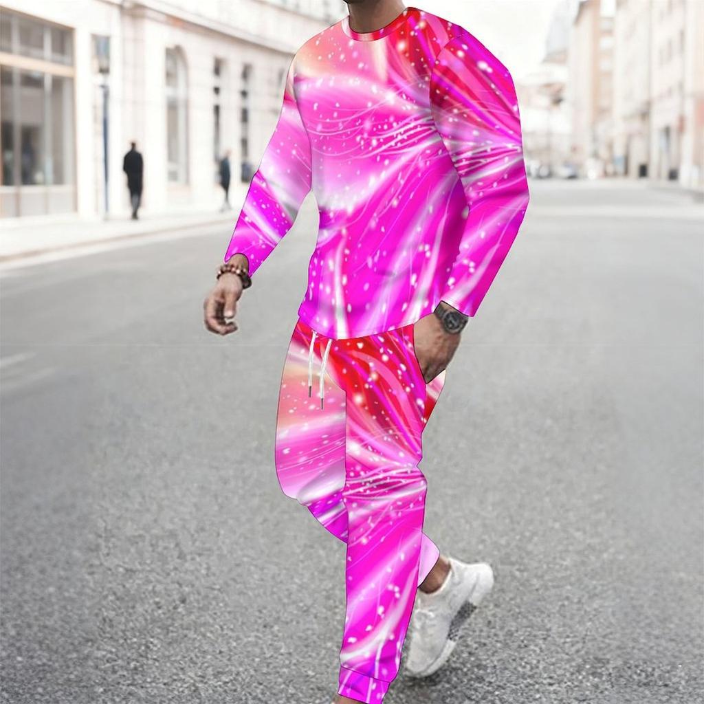 Men Rainbow Multicolor Swirl Tie Dye Style Print Long Sleeve Sweatshirt Jogger Pants Two Piece Suit