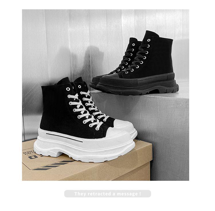Versatile Men's Black Canvas High-Top Sneakers - Trendy, Thick-Soled, Height-Boosting Casual Sports Shoes for Spring and Autumn.