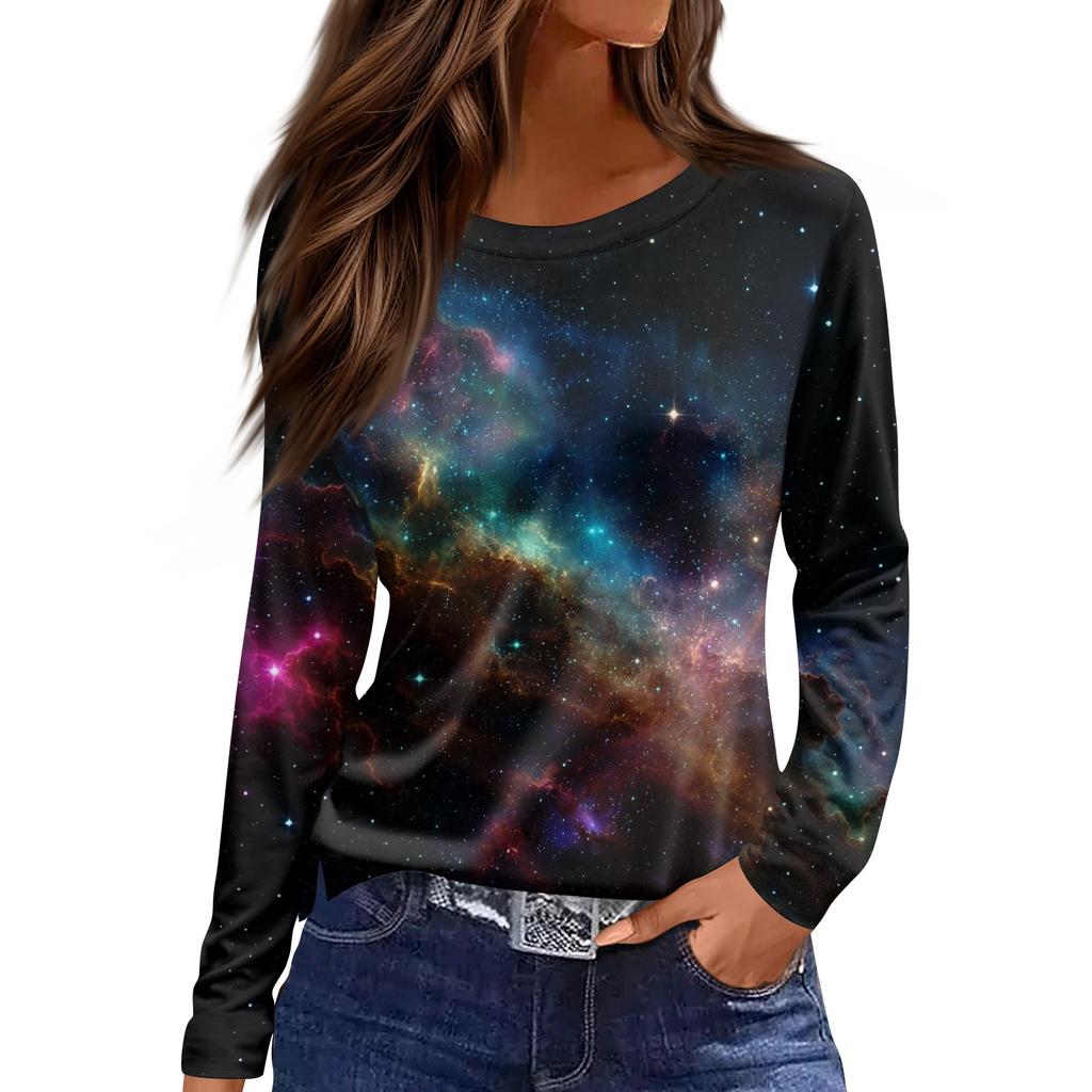 Women's Fashion Casual Slit Hem Round Neck Long Sleeve Loose Printed T,Shirt Ladies Top