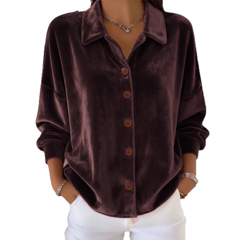 Women's Velour Button-Down Shirt Lapel Long Sleeve Casual Loose Blouse