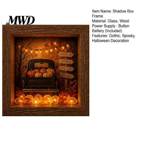 Wood Glass Picture Frame Halloween Shadow Box DIY Lighted Craft Kit, Wooden Night Light with Gothic Style Lamp Sea Stones, LED Memory Display Case for