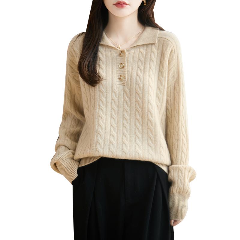 Women's 100% Pure Wool Cable Knit Polo Neck Sweater - Autumn/Winter Casual Loose Fit