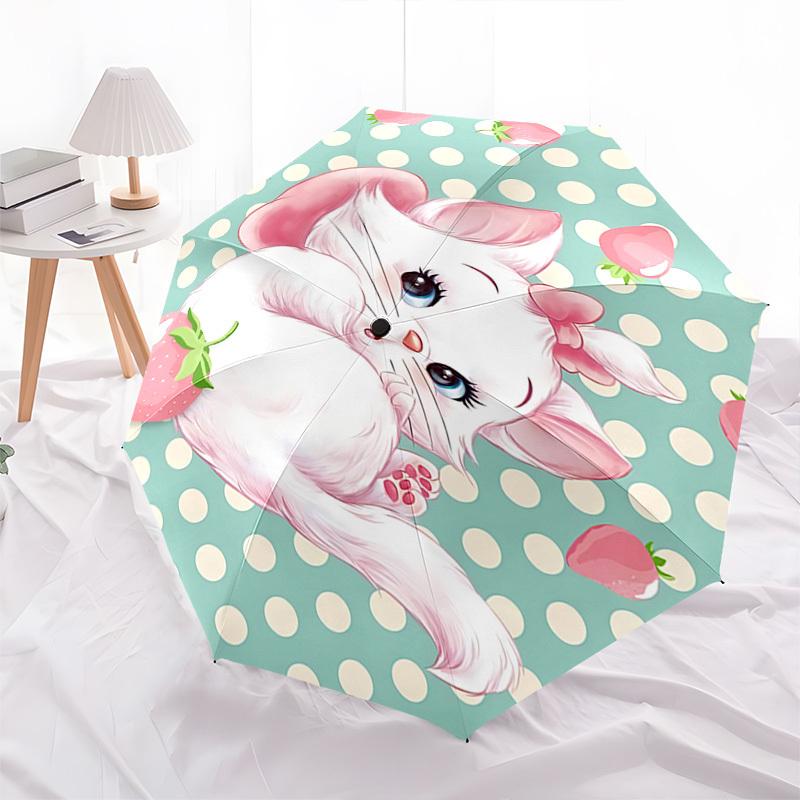 Marie Strawberry Themed Automatic Opening and Closing Umbrella, Brightly Colored 8-rib Portable Umbrella, Suitable for Men and Women, A Perf