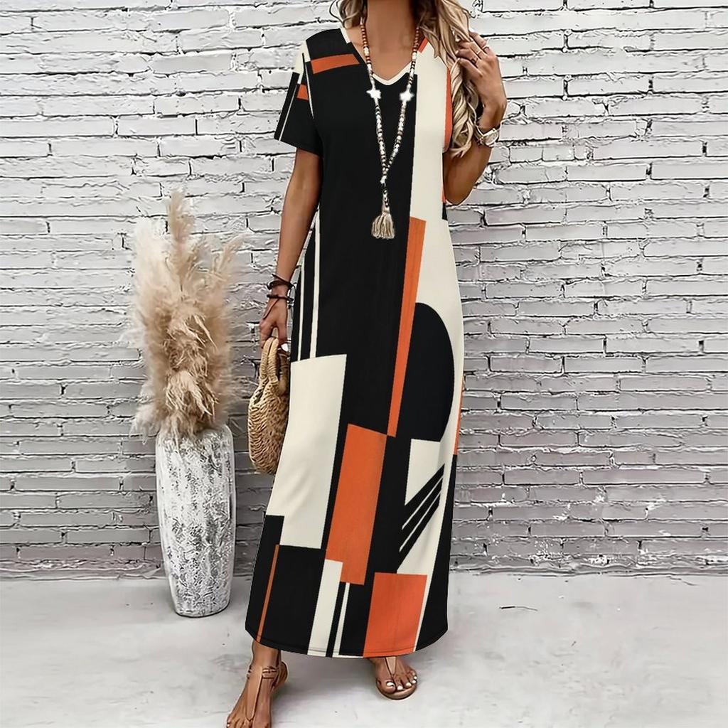 Women Plus Size V Neck Short Sleeve Geometric Printed Straight Maxi Dress