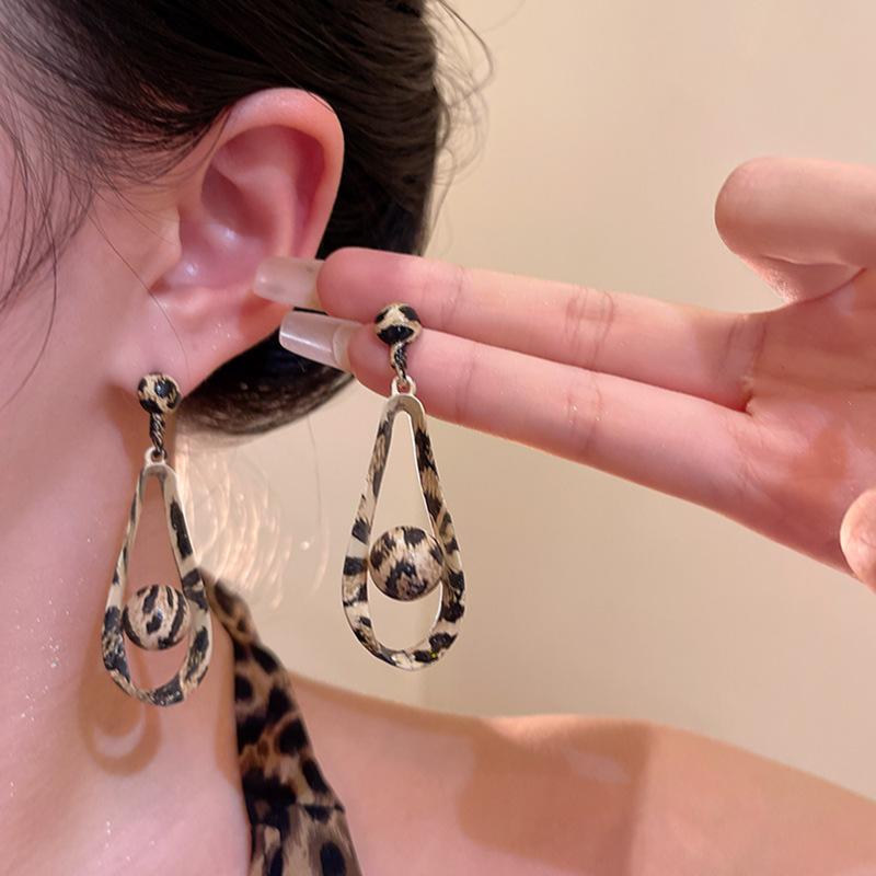 Exaggerated leopard print water drop earrings women's unique long large earrings retro earrings