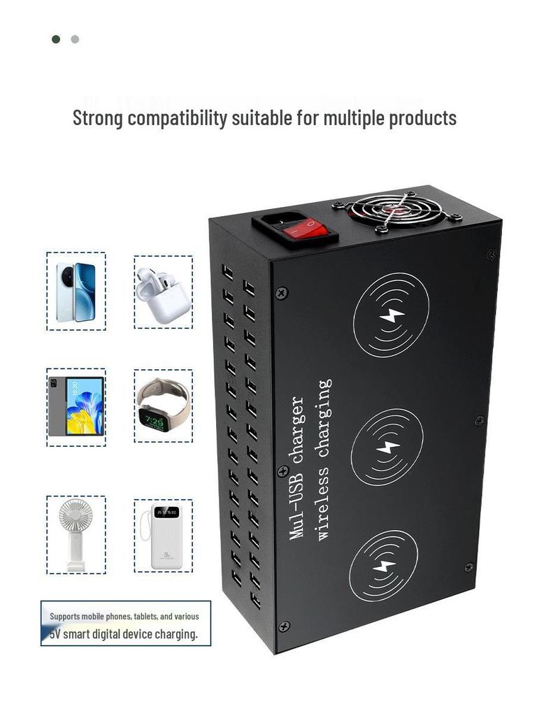 High-Power Multi-Port USB Charging Station with 15W Wireless and 30-Port Capability