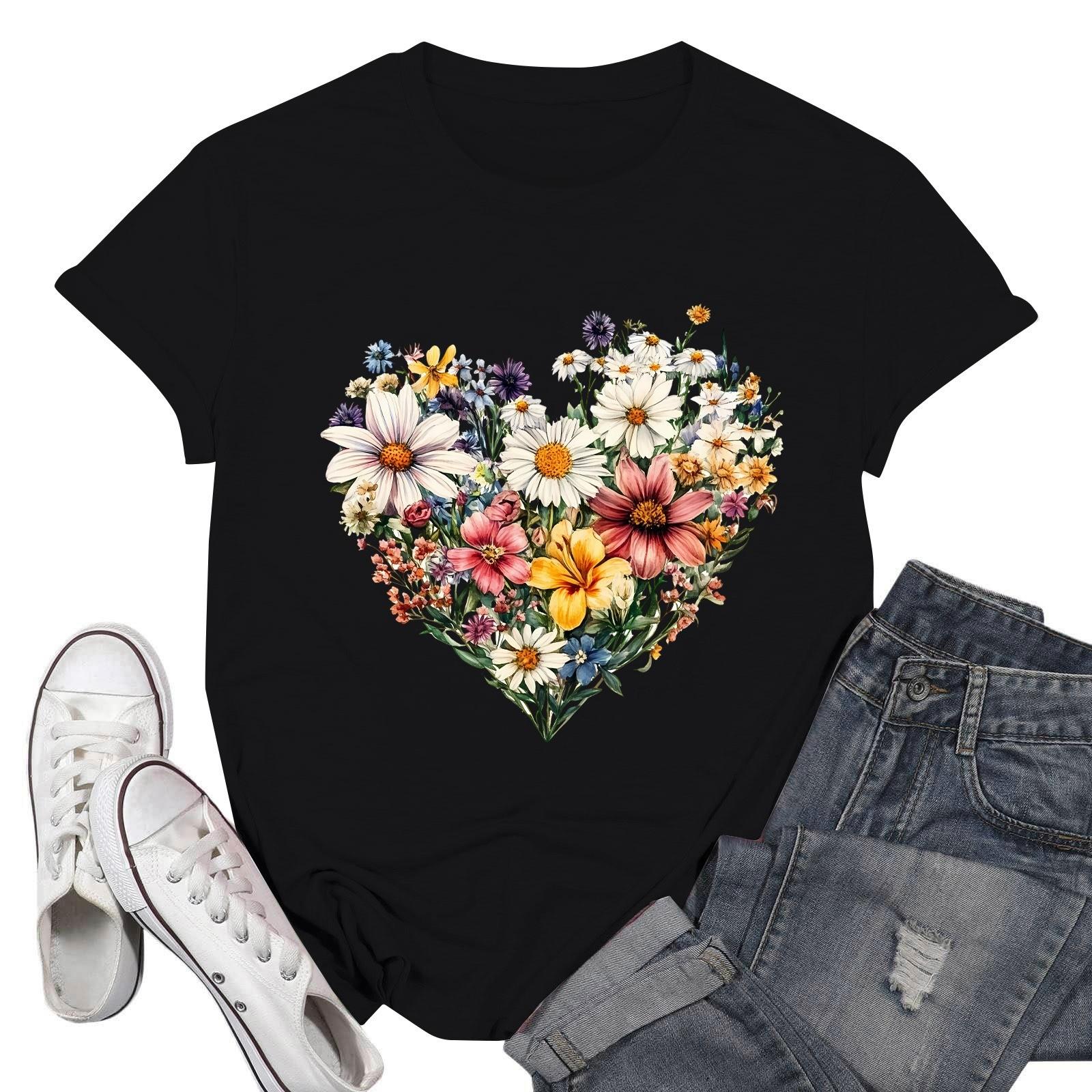 Women s Round Neck Printed Short-sleeved T-shirt Top XXL