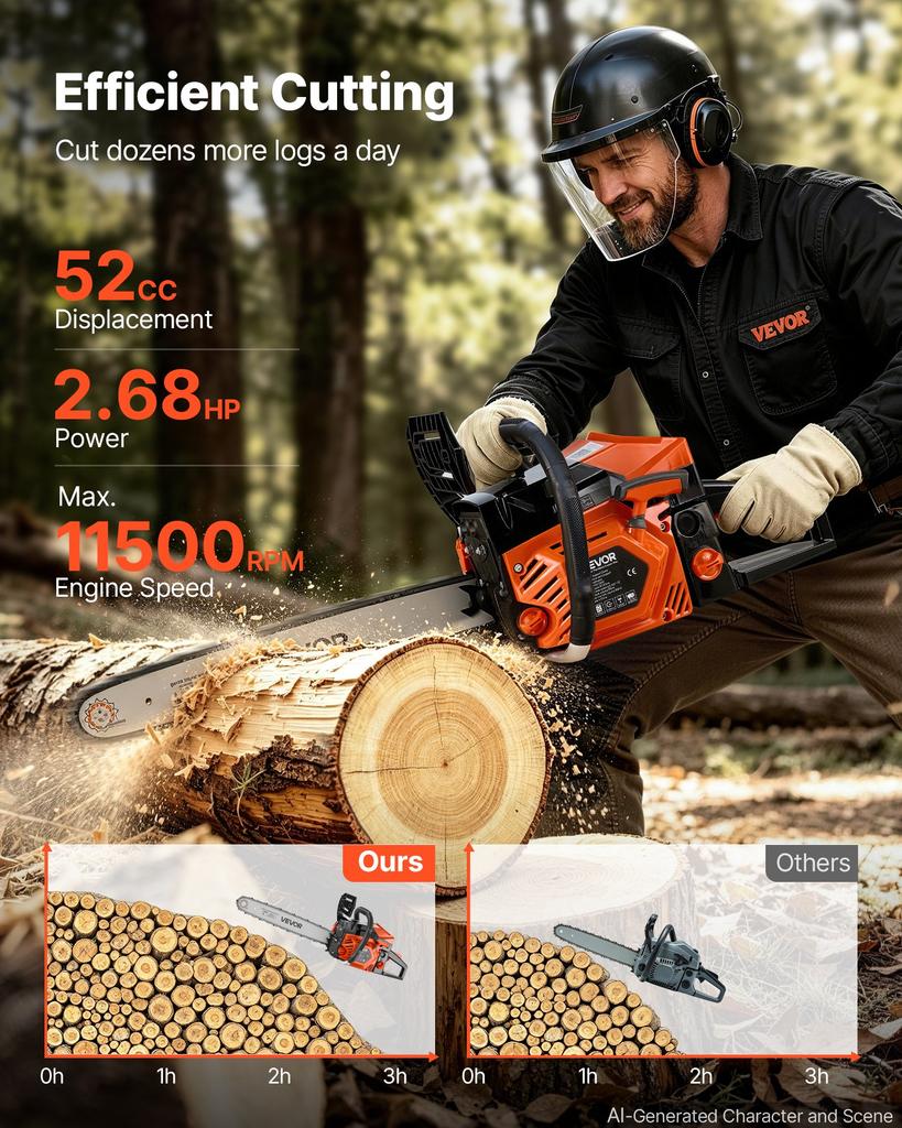 VEVOR Gas Powered Chainsaw 457.2 mm 52CC 2kW 2 Stroke Engine Gas Chainsaw, for Wood Cutting, Tree Trimming & Land Clearing, Throttle-Synced Choke