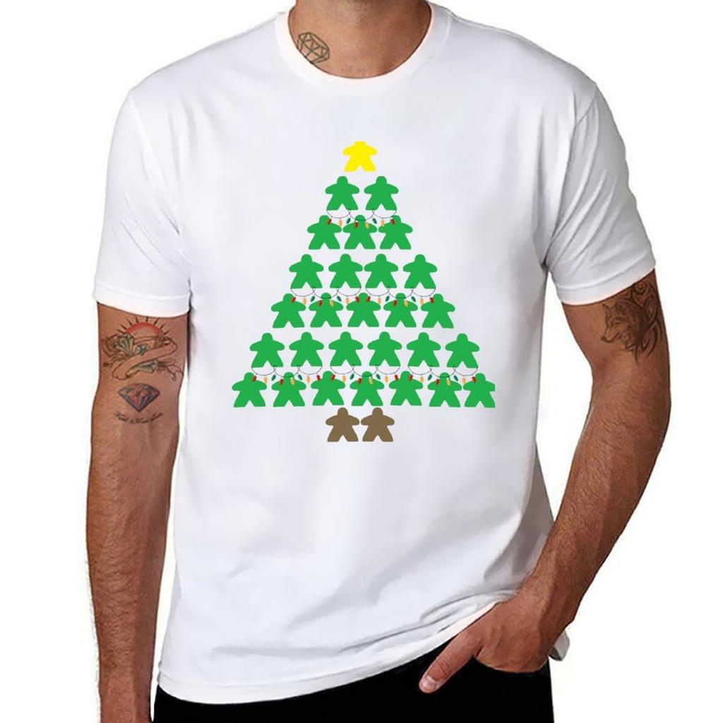 Christmas Tree Meeples with Lights Tabletop Black Background T-Shirt T Shirt Custom Print Cotton T Shirts High Quality T-Shirt