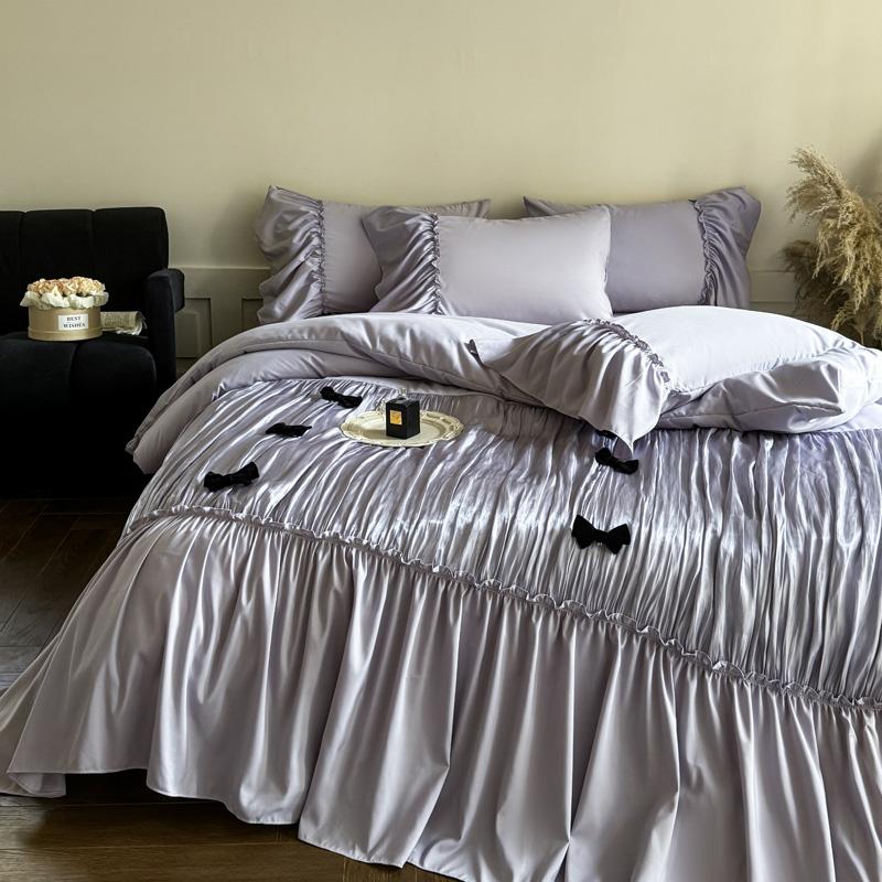 Vintage French Large Ruffles Black Bow Princess Bedding Set Duvet Cover Set Flat/Fitted Bed Sheet Pillowcases Pillowcases 4Pcs