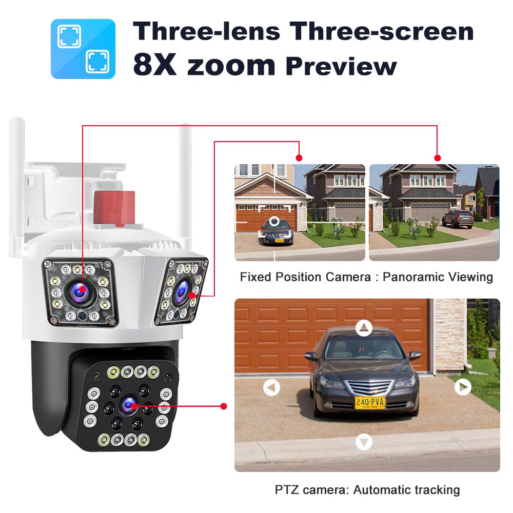 WiFi IP 12MP 6K Three Lens 8X Zoom Surveillance AI Tracking Protection Outdoor Security Camera CCTV Cam