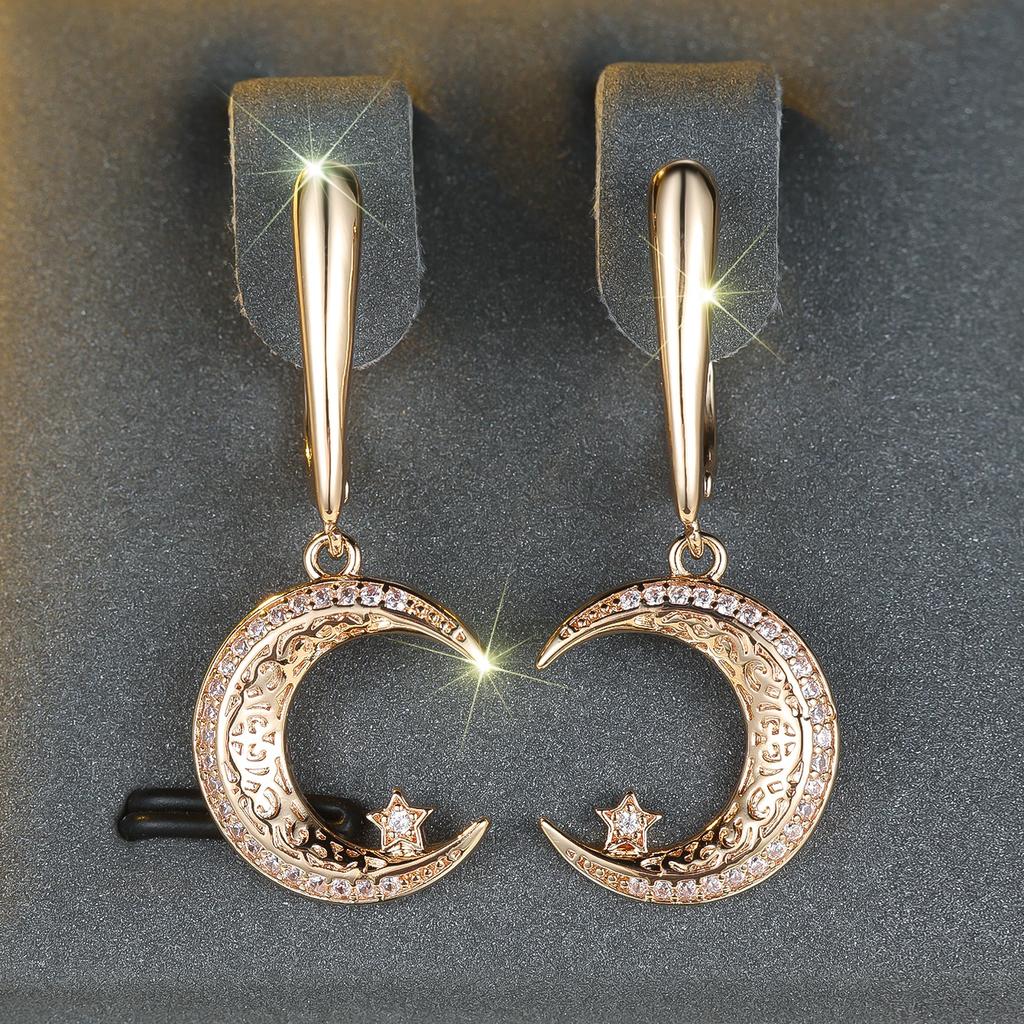 White Zircon Stone Moon Star Hoop Earrings Luxury Female Gold Color Wedding  For Women
