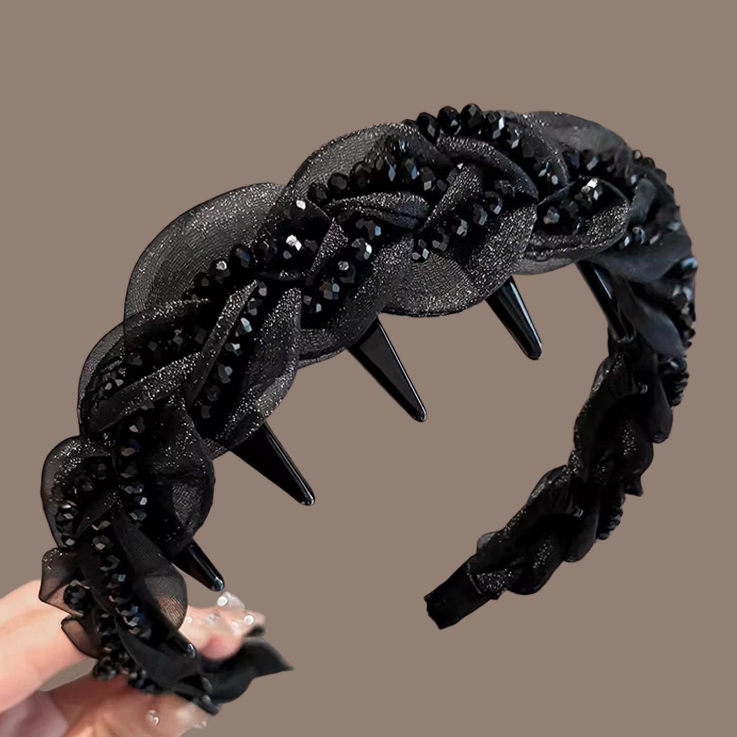 

2025 High Crown Black Mesh Rhinestone Headband - Feminine Luxury Hair Accessory