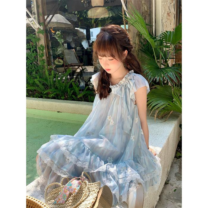 

French small flying sleeve floral tulle dress children s summer new small temperament princess short dress 2XL синій