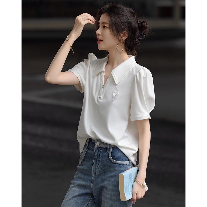 Demana Women s V-Neck Puff Sleeve Air Layer T-Shirt S