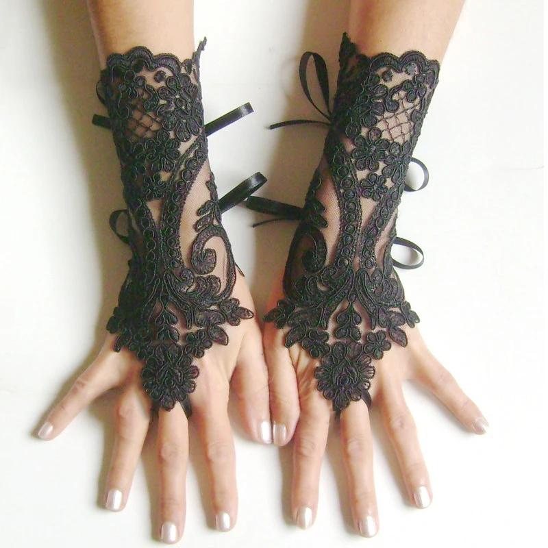 Damen Hochzeit Fingerlose Handschuhe Spitze Weiß Schwarz Hohe Qualität Hochzeitshandschuhe Fäustlinge Accessoire Mädchen Party Sexy Handschuhe Guante black