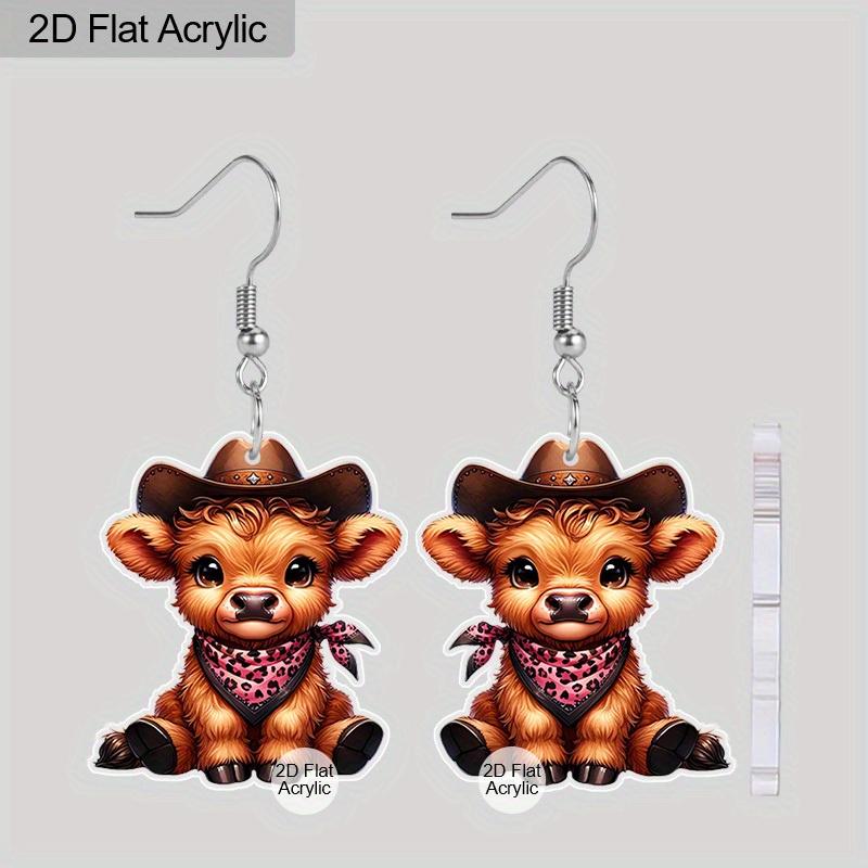 

Плоские забавные серьги-животные 2D для женщин, милые акриловые серьги-подвески в виде коров в цилиндрах, милые мультяшные серьги-ферма, деревенские украшения с животными в подарок