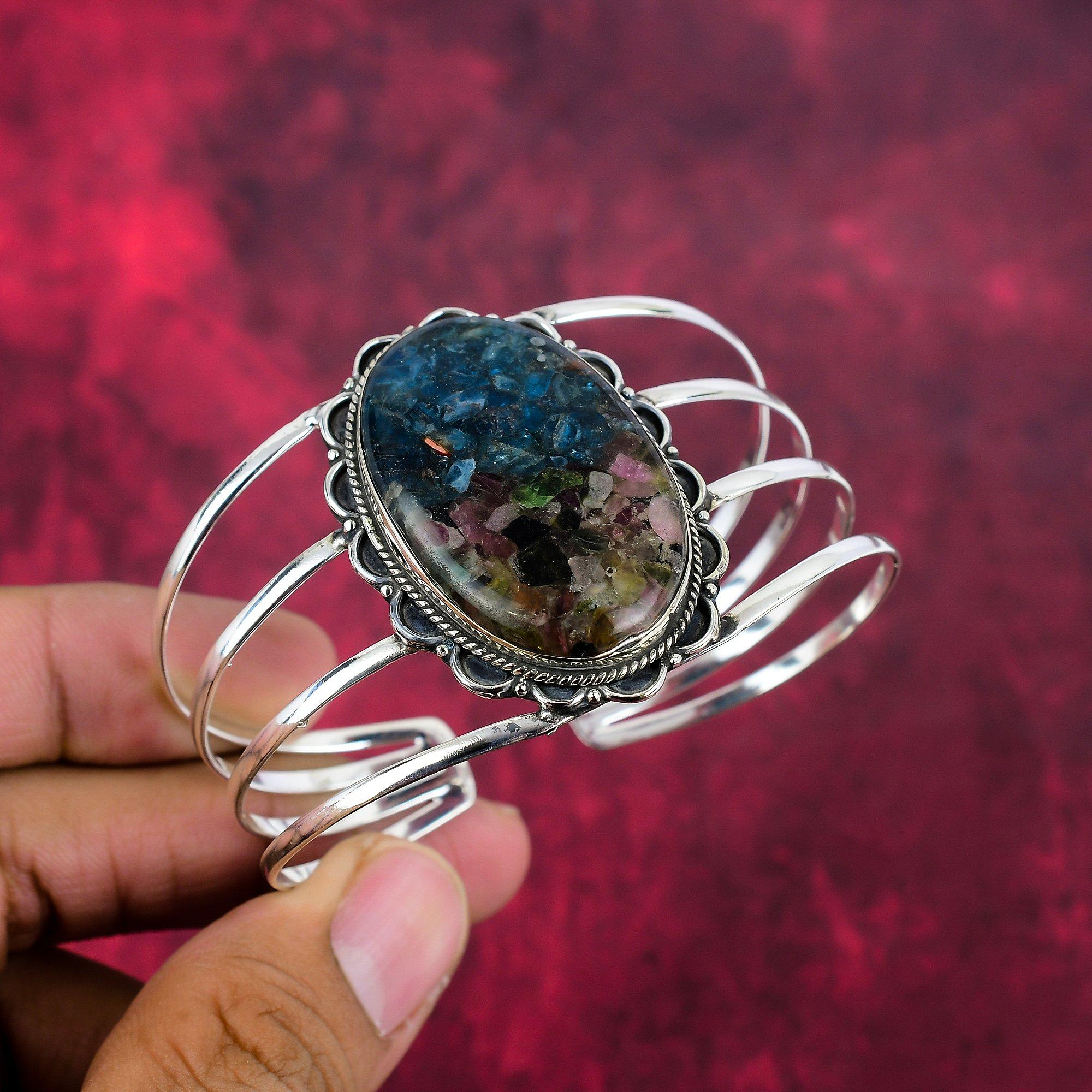 

Медный турмалиновый браслет с драгоценными камнями, браслет ручной работы из цельного серебра 925 пробы, ювелирные изделия-манжеты последнего дизайна Adjustable синий