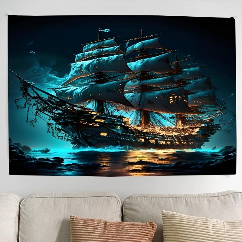 Pirate Ship Ocean Landscape Tapestry Wall Hanging - Navigation Themed Polyester Fiber Fabric