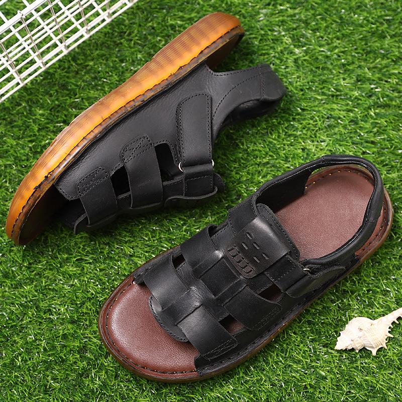 Summer Cowhide Bag Head Men's Casual Hollow Hole Leather Sandals Men's Trendy Leather Driving Soft-soled Non-slip Beach Shoes