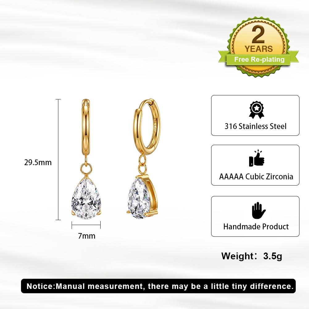 HTKE07 316L Stainless Steel Teardrop Cubic Zirconia Dangle Huggie Earrings Hypoallergenic Water Drop CZ Drop Earrings for Women