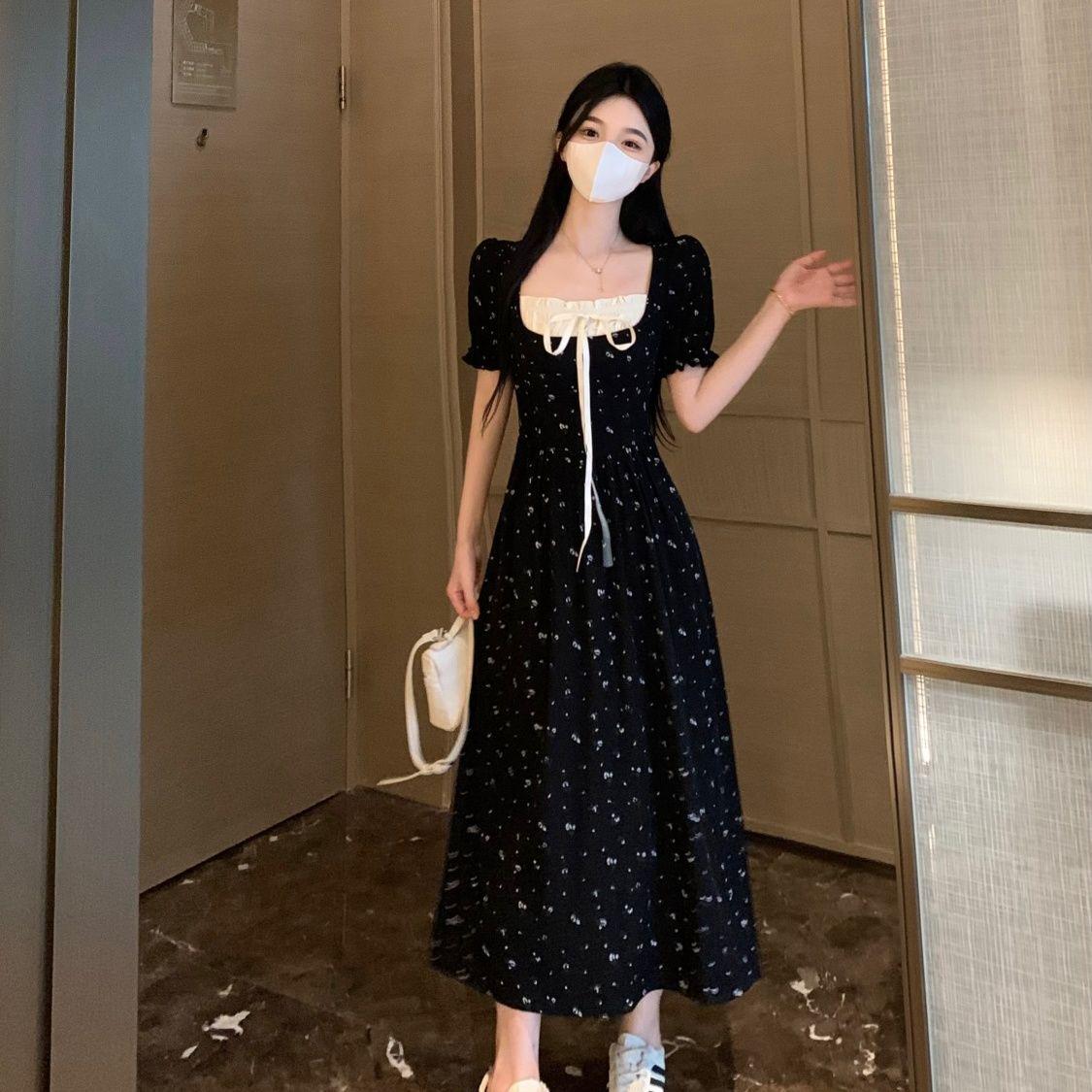 

2026 Spring/Summer French Floral Tie-up Square Neck Slimming Long Dress with Hepburn Waist-cinching Patchwork Design M (Suggested for 90-105 lbs) чёрный/цветочный