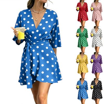 Women's Polka Dot Flared Mini Dress V Neck Wrap Style High Waist Tie Detail Short Sleeve Casual Dress