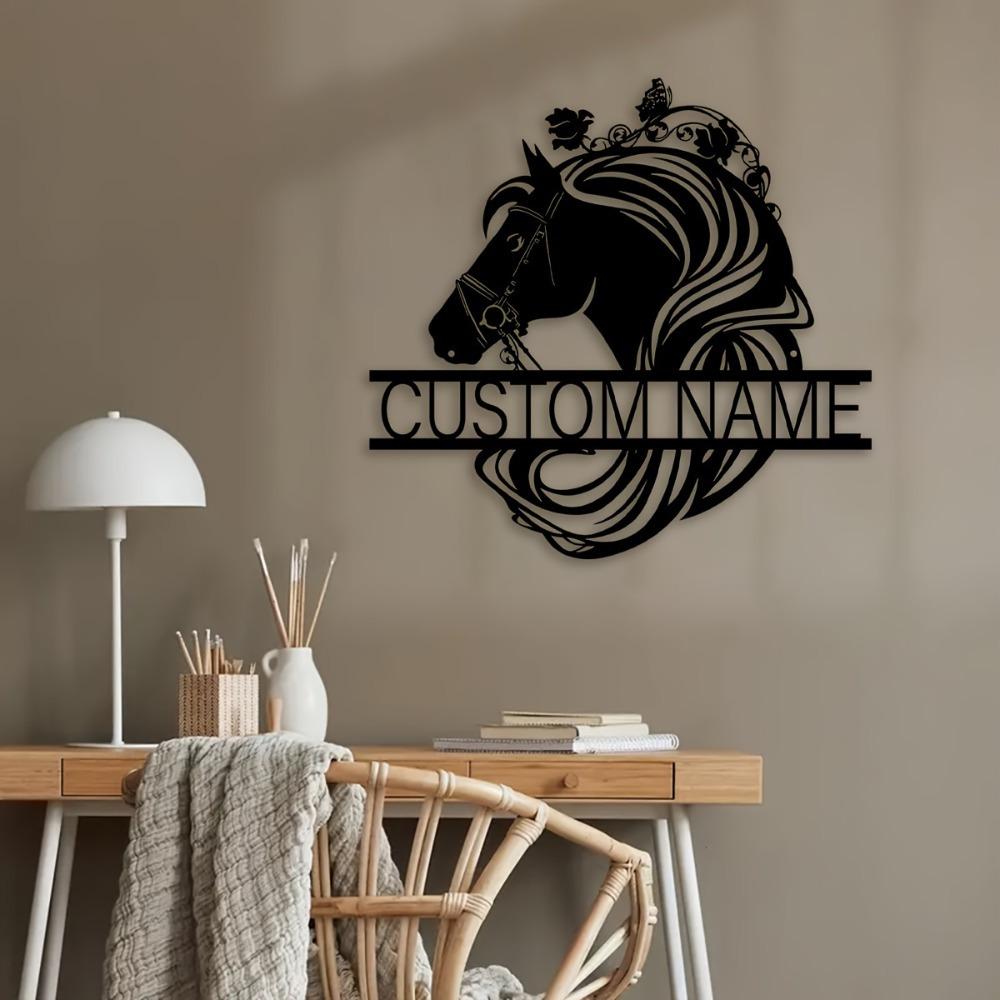 1pc Custom Metal Horse Skull Wall Sculpture, Personalized Inscription, Rustic Home Decor, Balcony & Courtyard Ornament, Gift, Custom Sign.