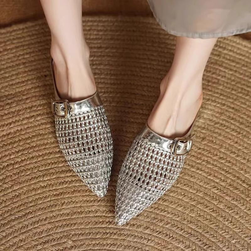 

Модные женские тапочки с острым носком, модные туфли-мюли, элегантные сандалии с ремешком на пятке, плетеные, дизайнерские, новые, повседневные, для платья, zapatillas mujer 35 серебряный