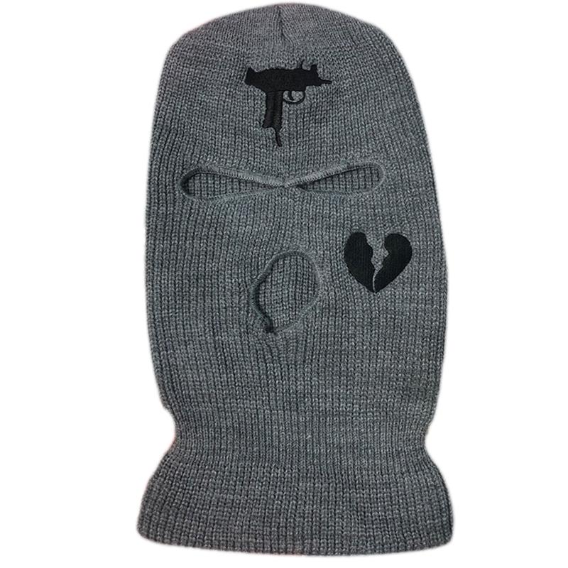 3-Hole Solid Color Embroidered Balaclava Knit Hat Face Mask Neck Gaiter Windproof Warm for Spring Fall Winter Daily Wear