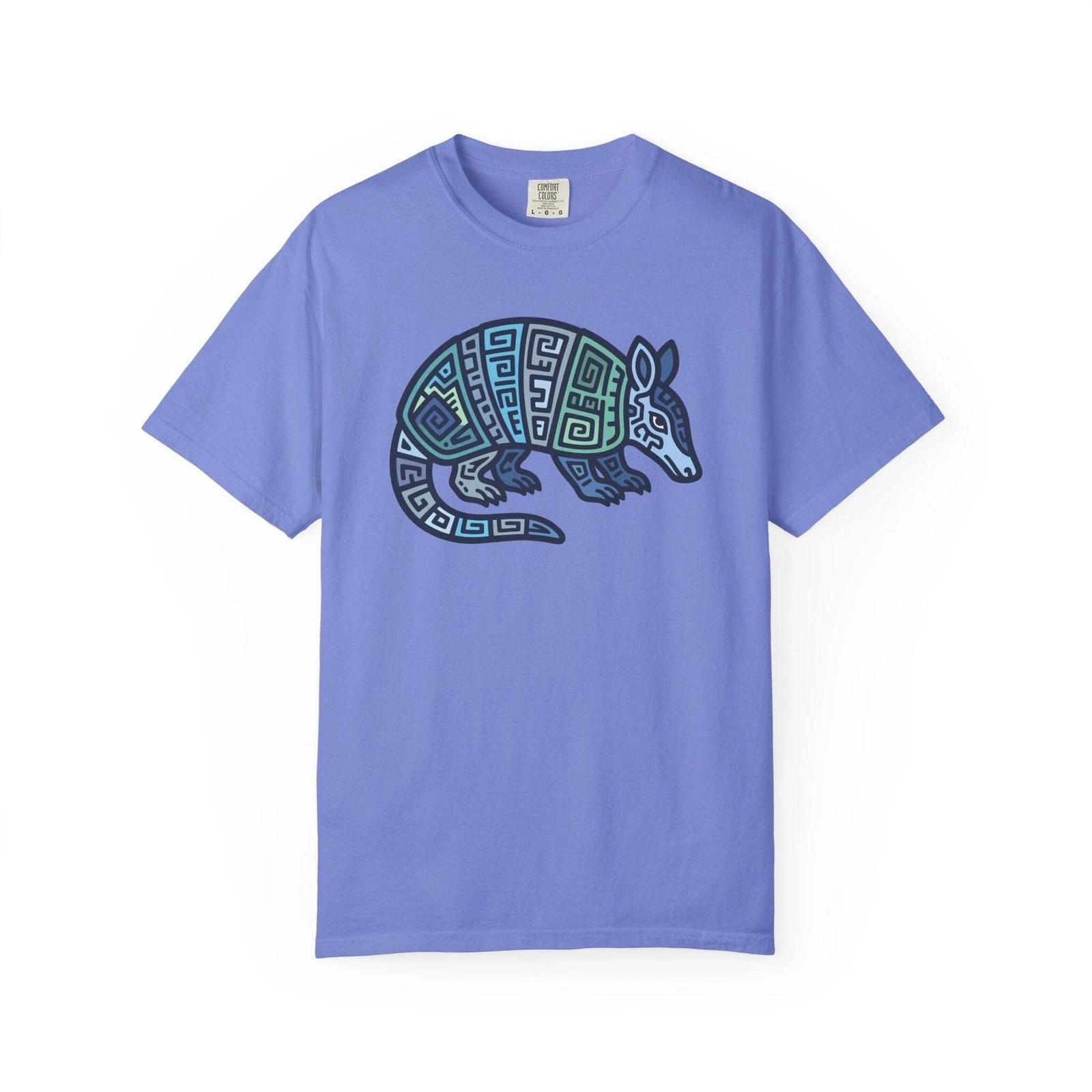 Mayan Armadillo Geometric Tribal Art T-Shirt | Blue Green Graphic Tee Shirt XXXL