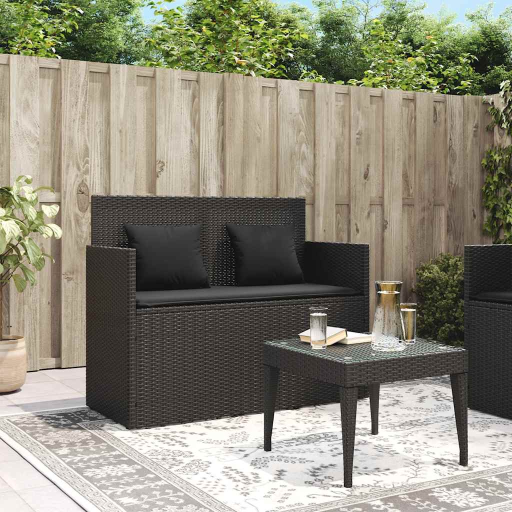 Vidaxl Garden Bench with Cushions, Black, Poly Rattan