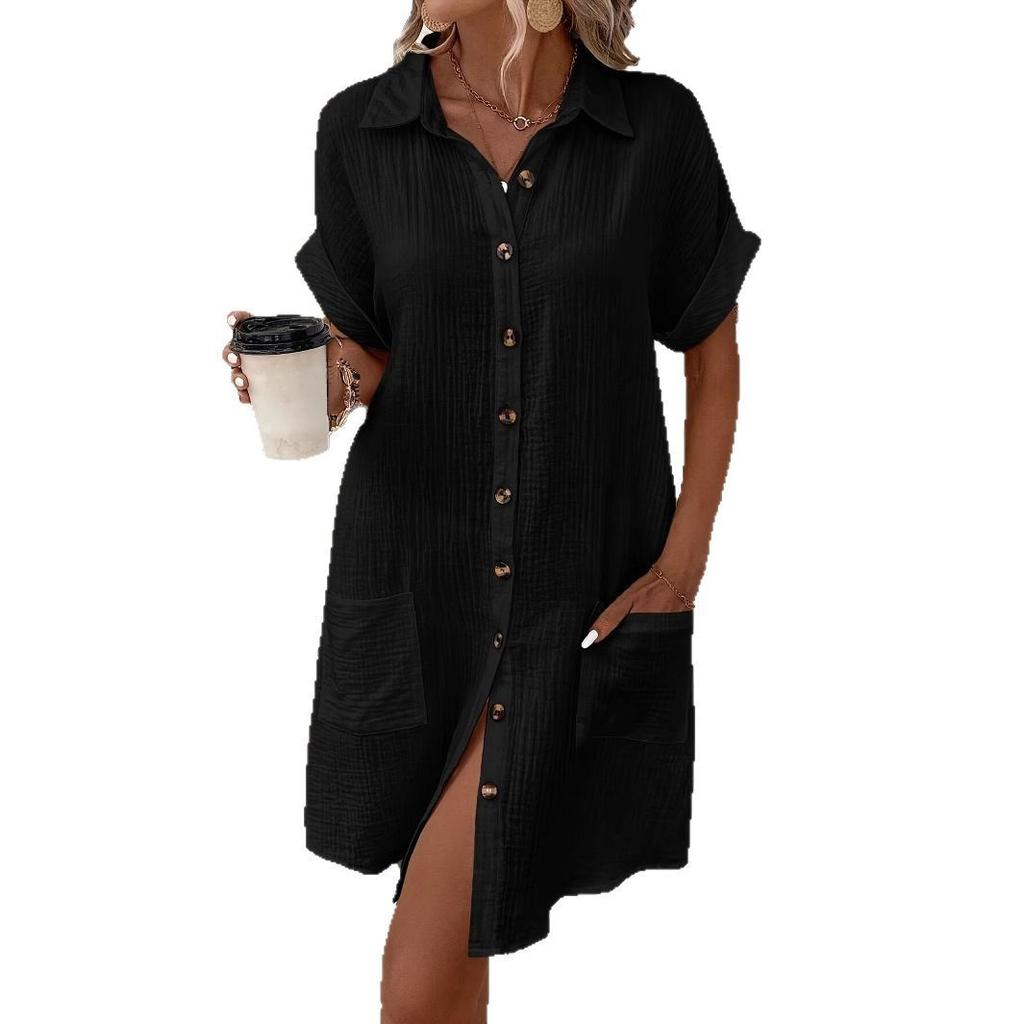 Abito casual da donna taglie forti tinta unita cotone lino monopetto lunghezza media manica corta bavero ampio vestito a camicia