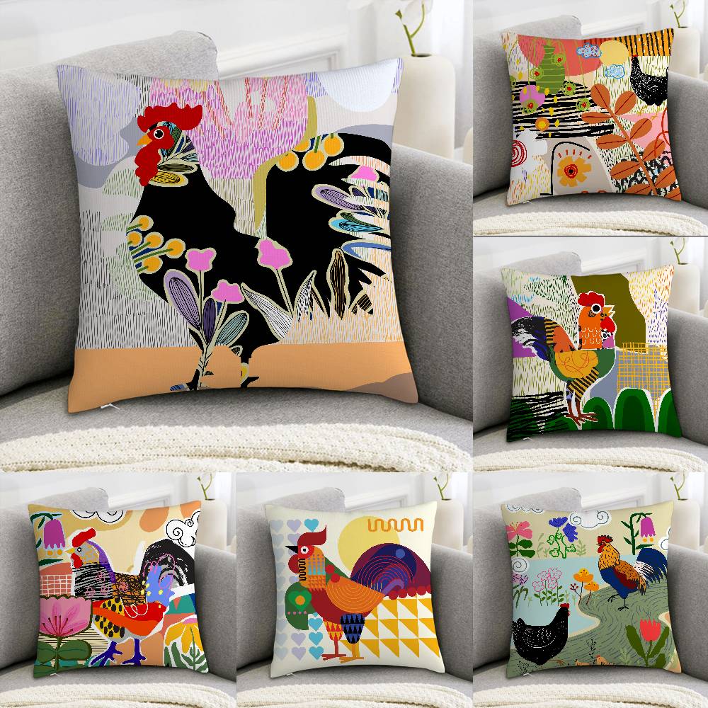 Rooster Doodle Art Pillow Case Sofa Decorative Home Double-sided Print Plush Square Throw Pillow Covers Cushion Decor Cover