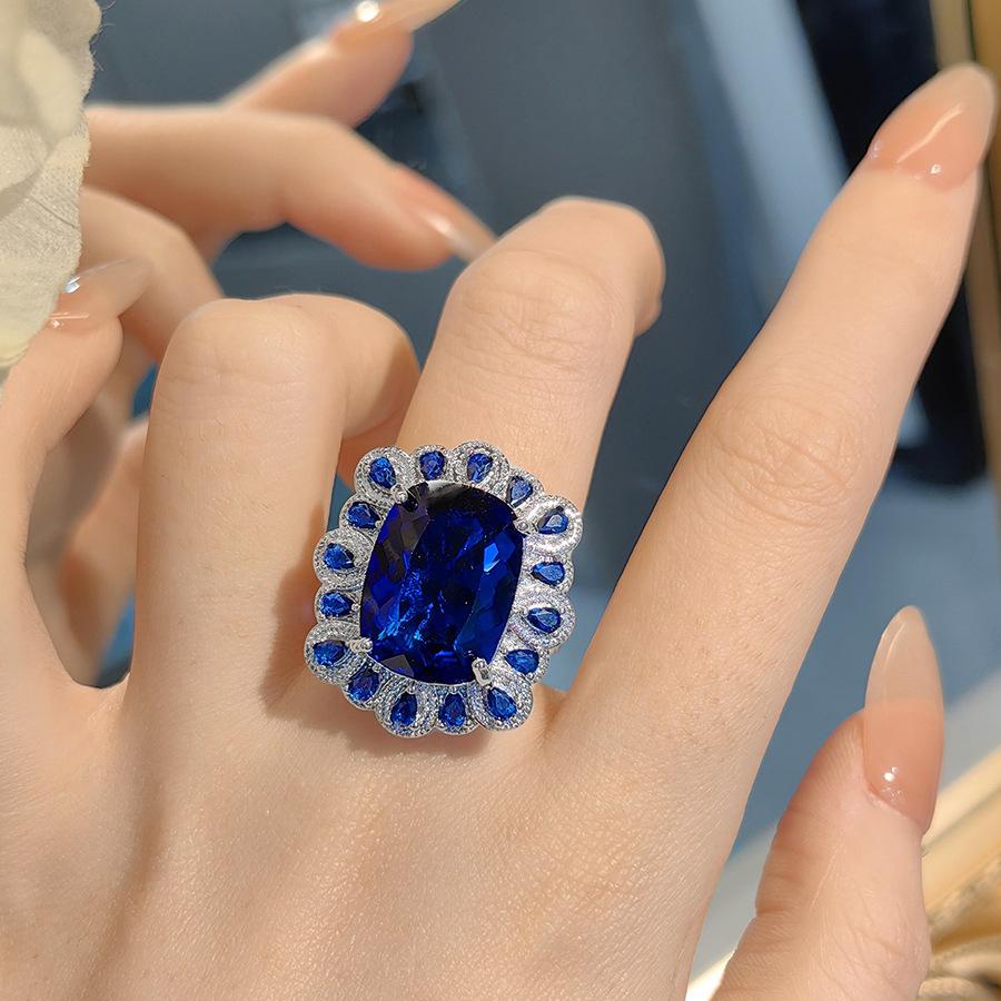 Simulation Royal Blue Treasure Pendant Necklace Pigeon Blood Red Earrings Set Emerald Female Stud Earrings Zircon Ring