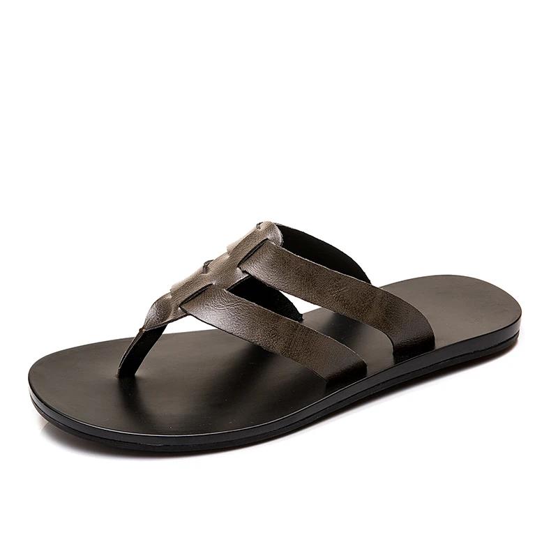Men's Summer New Sandals and Slippers Men's Leather Sandals Adult Breathable Beach Shoes Non-slip Open-toe Leather Sandals Flat