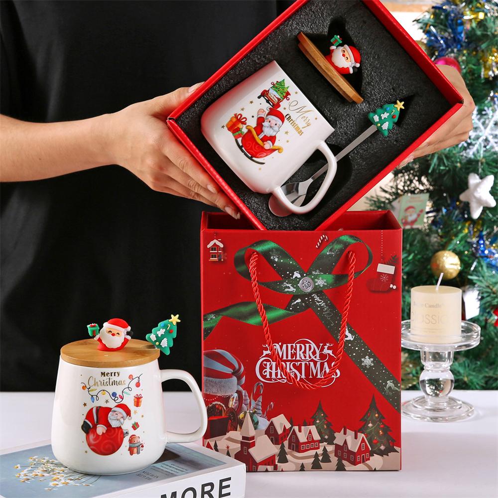Festliches Weihnachten Xmas Thema Keramikbecher Tasse Set mit Deckel und Löffel - 2025 Weihnachtsgeschenkbox Tasse für Kaffee Milch Tee Frühstück